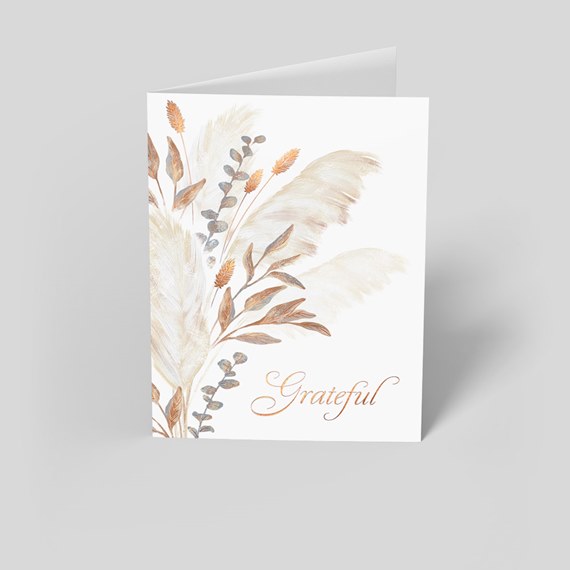 greeting card with botanical design and text 'Grateful'